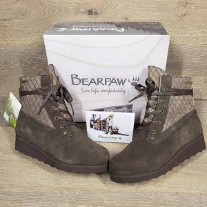Bearpaw Brown Suede Wedge Sheepskin Quilted Ankle Boots Harmony Size 9